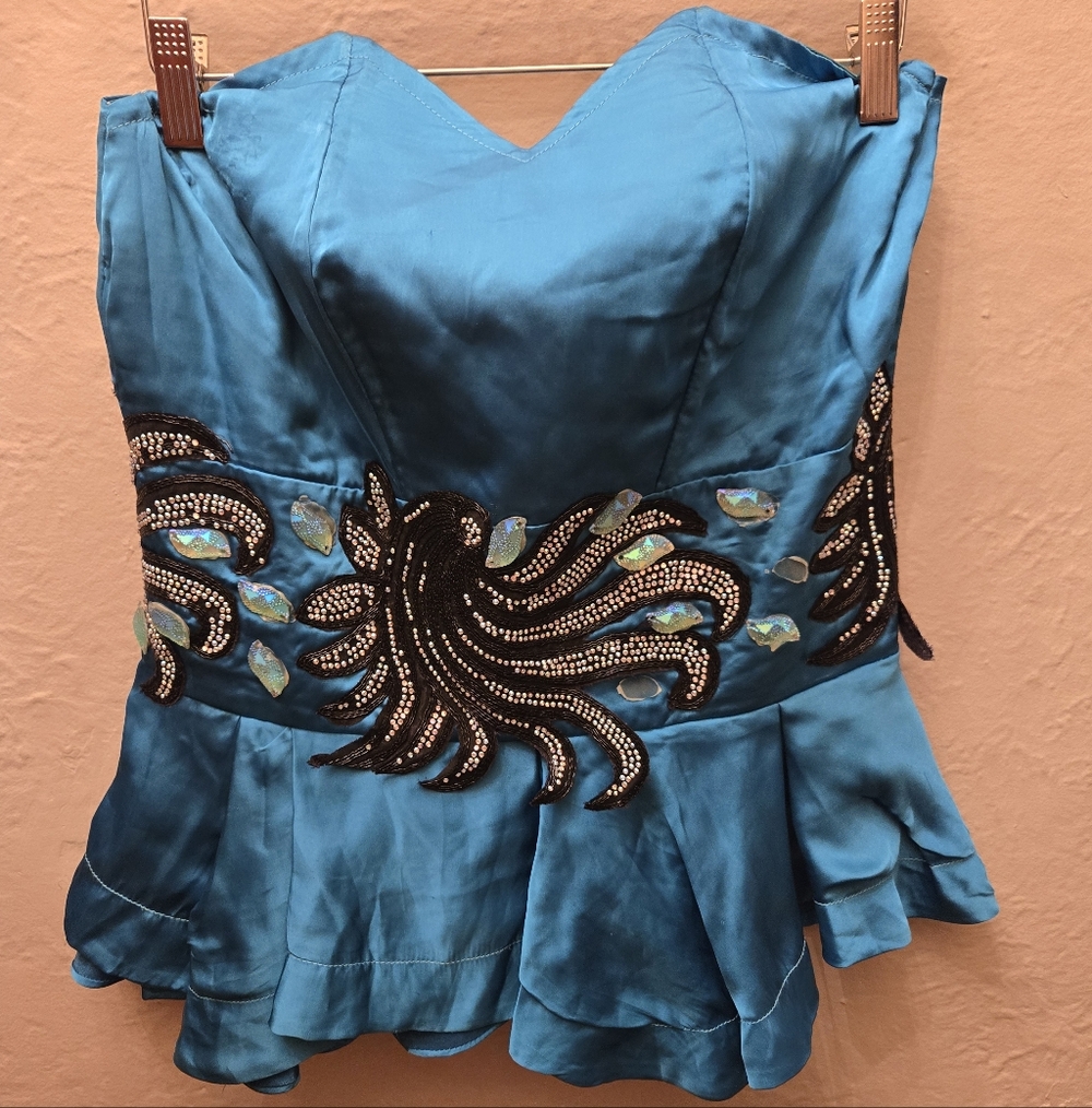 SPIGA Teal Satin Strapless Peplum Top – Beaded Statement Bustier